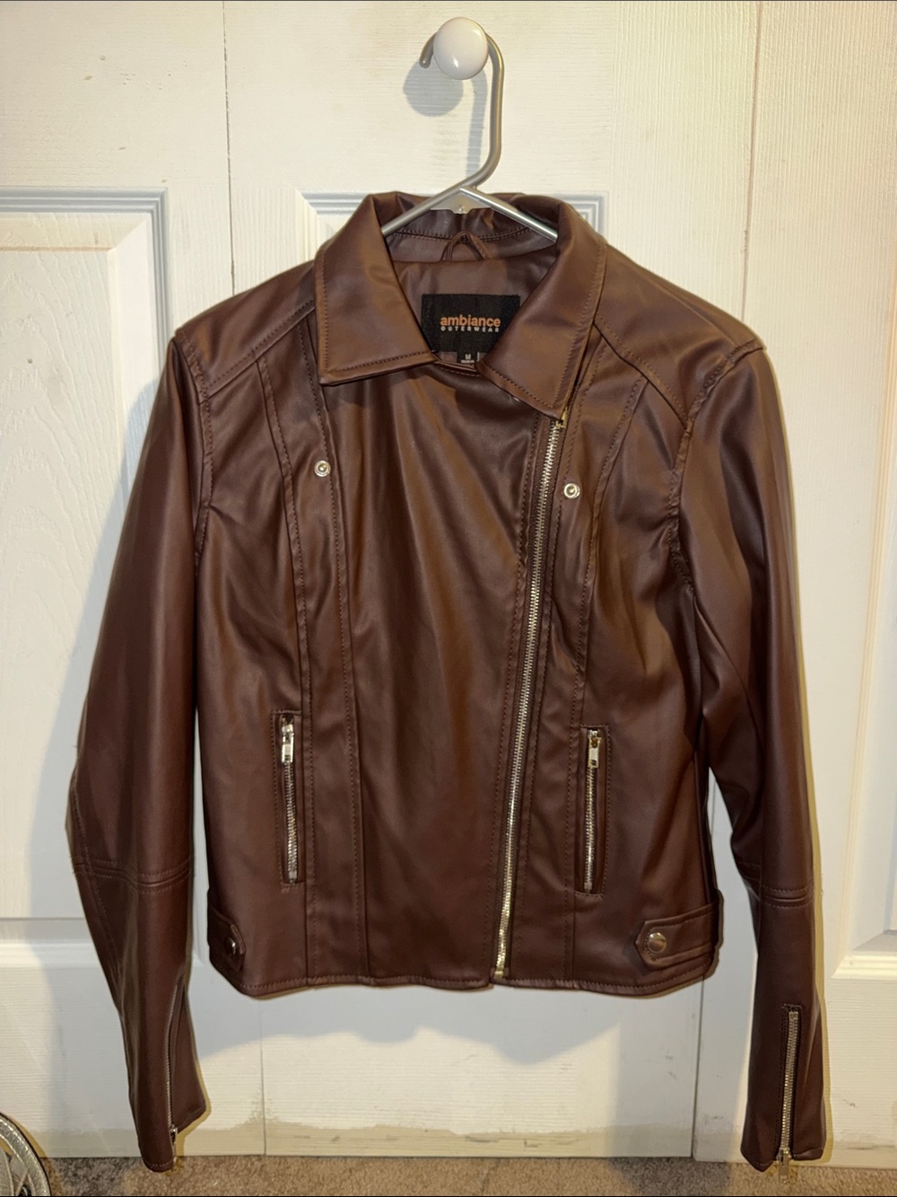 Ambiance Chocolate Brown Faux Leather Biker Jacket